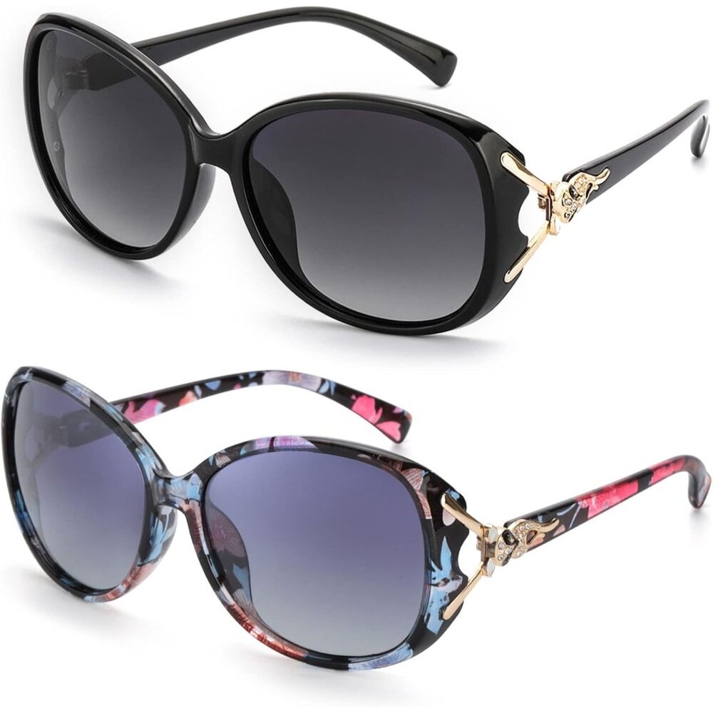 Women 2pcs Black/Grey+Floral/Grey Trendy Polarized Oversized Big Sunglasses